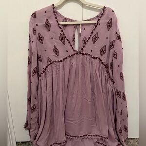Free People Diamond Embroidered Tunic Bell Sleeve V-Neck Blouse, Size Medium